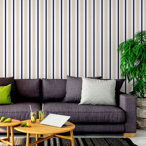Papel de Parede Adesivo Listrado Azul, Bege e Branco - Medidas: 48 x 300 cm