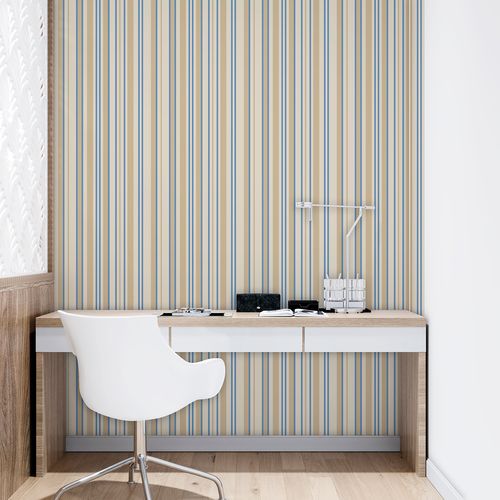 Papel de Parede Adesivo Listrado Bege e Azul - Medidas: 48 x 300 cm