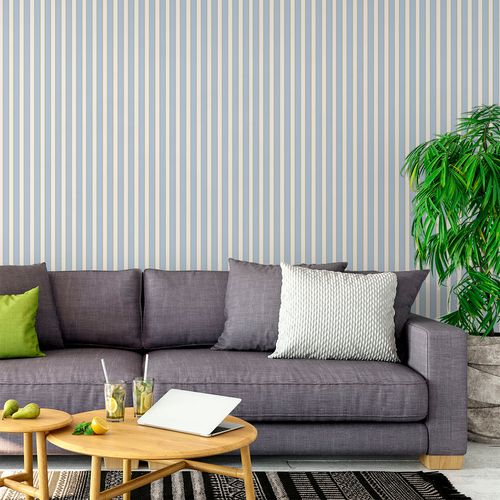 Papel de Parede Adesivo Listrado Listrado Bege, Cinza e Azul - Medidas: 48 x 300 cm