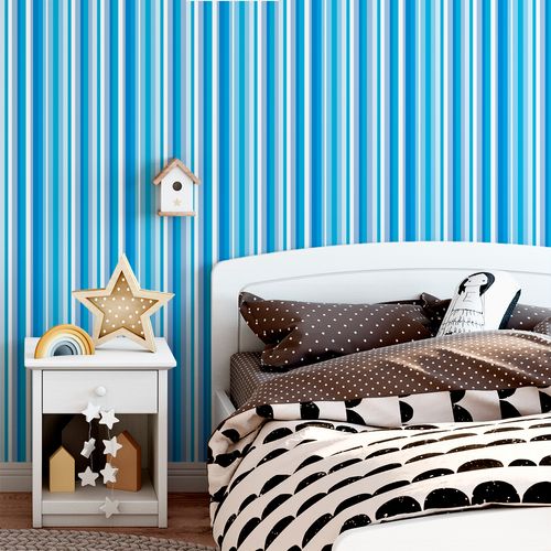 Papel de Parede Adesivo Listrado Branco e Tons de Azul - Medidas: 48 x 300 cm