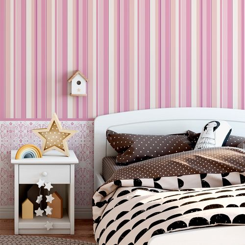 Papel de Parede Adesivo Listrado Rosa e Branco com Flores - Medidas: 48 x 300 cm