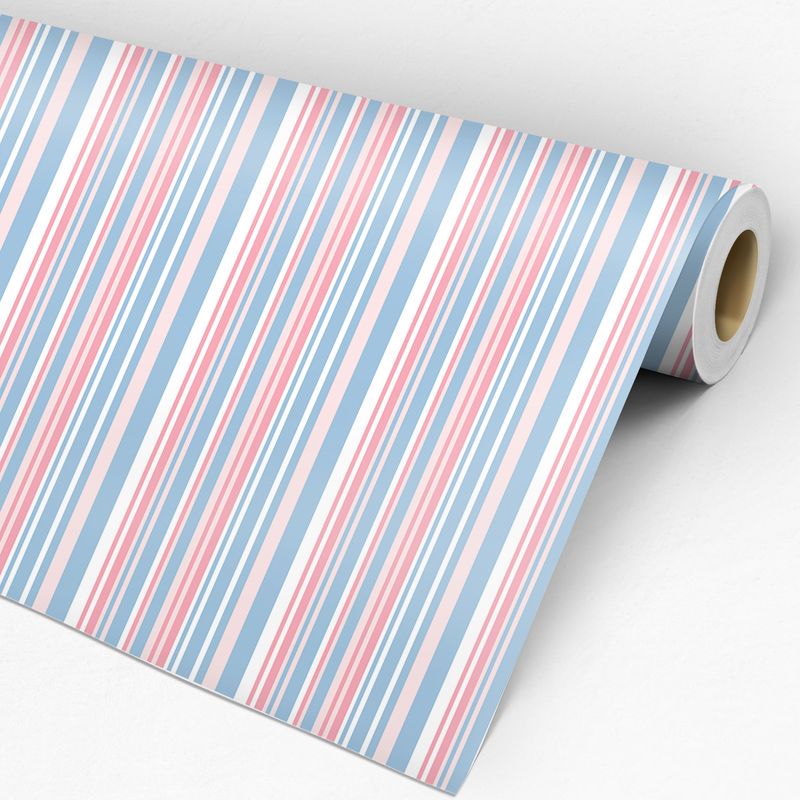 Rolo de papel de parede listrado rosa,azul e branco