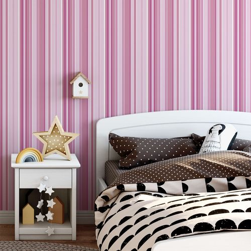 Papel de Parede Adesivo Listrado Tons de Rosa e Branco - Medidas: 48 x 300 cm