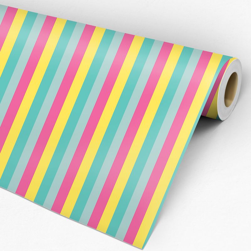 Papel de Parede Adesivo Listrado Verde, Rosa e Amarelo