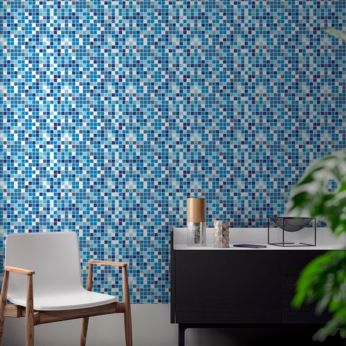 Papel de Parede Adesivo Pastilha Azul e Branca - Medidas: 48 x 300 cm