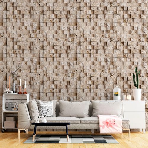 Papel de Parede Adesivo Pedra Pedra Bege Ladrilho 3D - Medidas: 48 x 300 cm