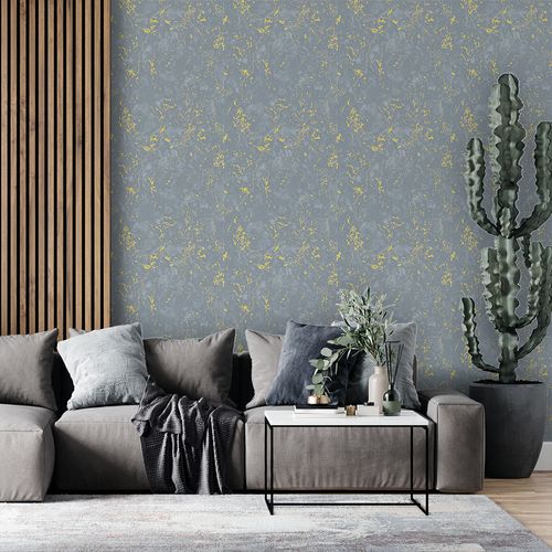 Papel de Parede Adesivo Textura Mármore Cinza Escuro e Dourado - Medidas: 48 x 300 cm