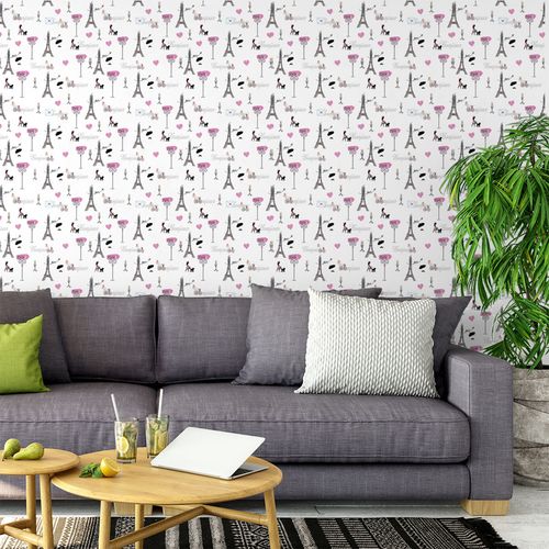 Papel de Parede Adesivo Teens Branco Bounjour Paris Eiffel - Medidas: 48 x 300 cm