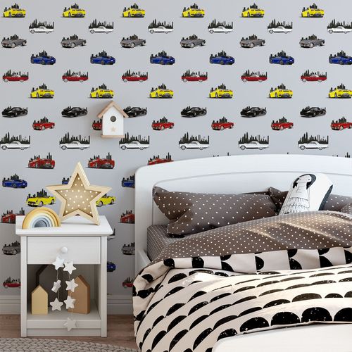 Papel de Parede Adesivo Teens Cinza Carros - Medidas: 48 x 300 cm