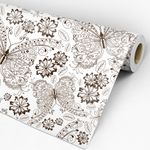 Rolo de papel de parede teen com ilustração de borboletas e flores pretas com fundo branco