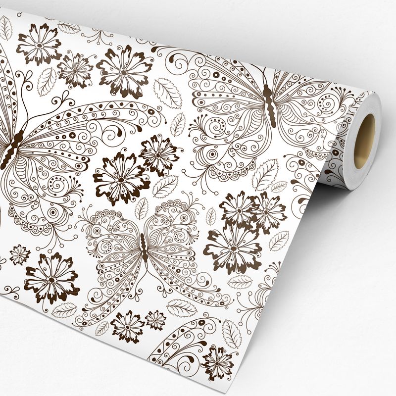 Rolo de papel de parede teen com ilustração de borboletas e flores pretas com fundo branco