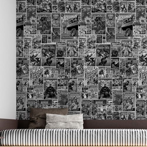 Papel de Parede Adesivo Teens Geek Quadrinhos HQ Super-heróis Marvel Dc Preto e Branco