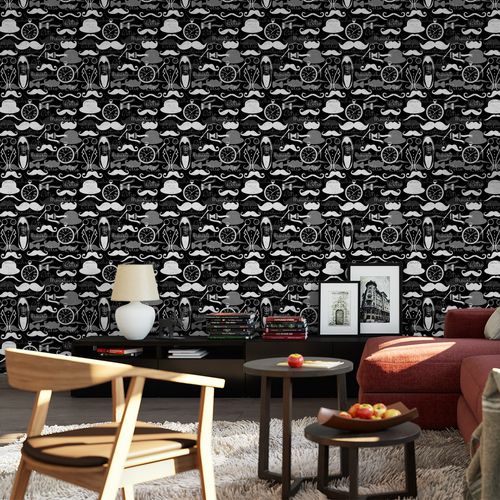 Papel de Parede Adesivo Teens Moustache Retro P&B - Medidas: 48 x 300 cm