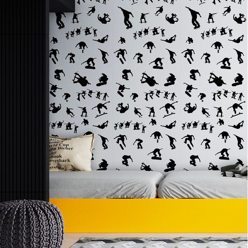 Papel de Parede Adesivo Teens Preto e Branco Manobras de Skate - Medidas: 48 x 300 cm