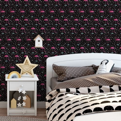 Papel de Parede Adesivo Teens Preto e Rosa Flamingos - Medidas: 48 x 300 cm