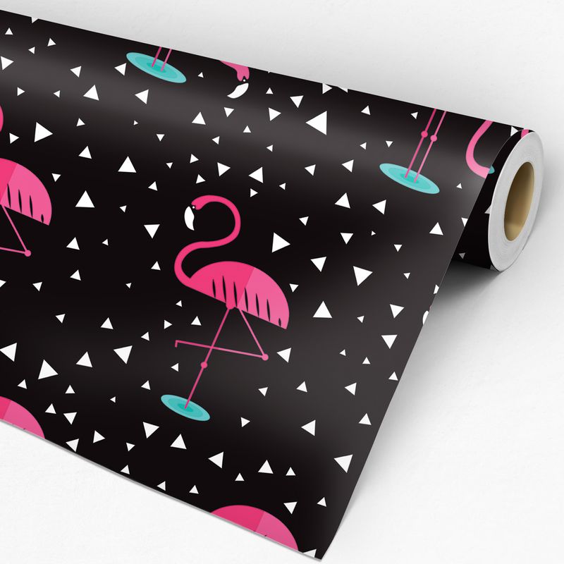 Papel de Parede Adesivo Teens Preto e Rosa Flamingos