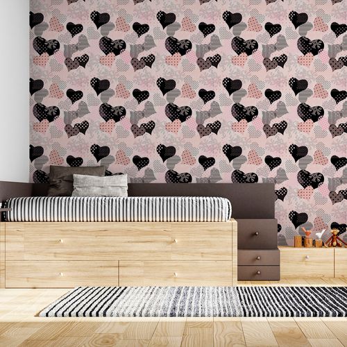 Papel de Parede Adesivo Teens Rosa Corações Pretos - Medidas: 48 x 300 cm