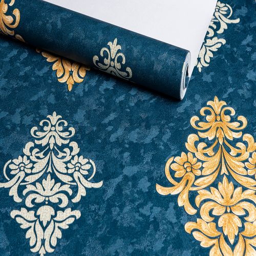 Papel de Parede Audacity Arabesco Realeza Azul e Dourado - Medidas: 10 metros x 53 cm