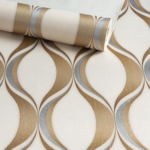 Papel de Parede Decoratto Geométrico Ondas Douradas - Medidas: 10 metros x 53 cm