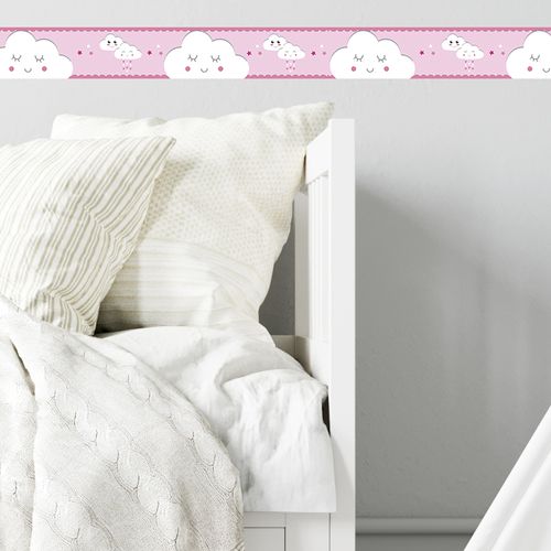 Faixa Decorativa Infantil Bebê Papel de Parede Nuvem Rosa