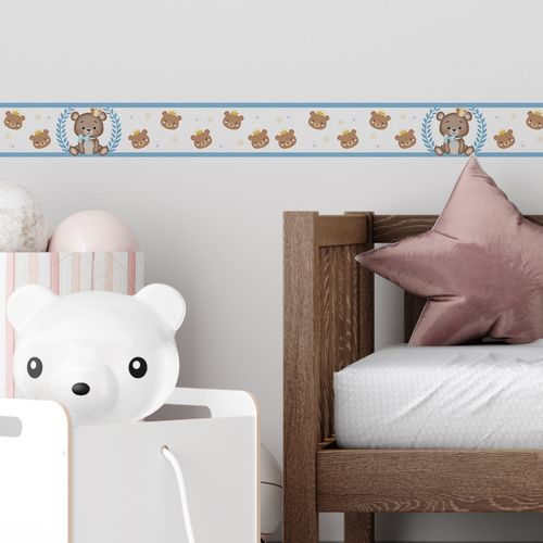 Faixa Decorativa Autoadesiva Coleção Infantil Bebê 100 x 15 cm - Tema: Ursinho Azul