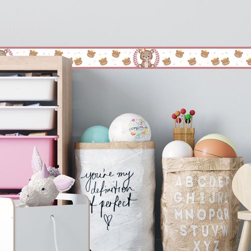 Faixa Decorativa Autoadesiva Coleção Infantil Bebê 100 x 15 cm - Tema: Ursinho Rosa