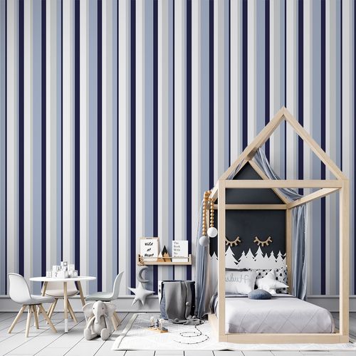 Papel de Parede Adesivo Listrado em Tons de Azul e Cinza - Medidas: 48 x 300 cm