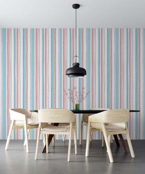 Papel de Parede Adesivo Listrado Listrado Verde Água, Rosa e Branco - Medidas: 48 x 300 cm