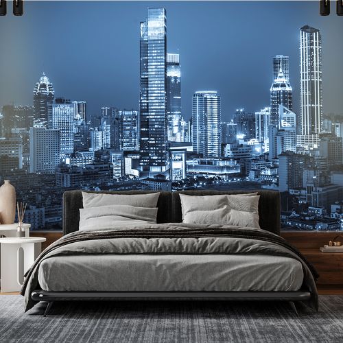 Painel Fotográfico Autoadesivo para Papel de Parede (Sob Medida o Metro Quadrado m²) - Modelo: Urbano - Cidade Azul Luzes Brilhantes