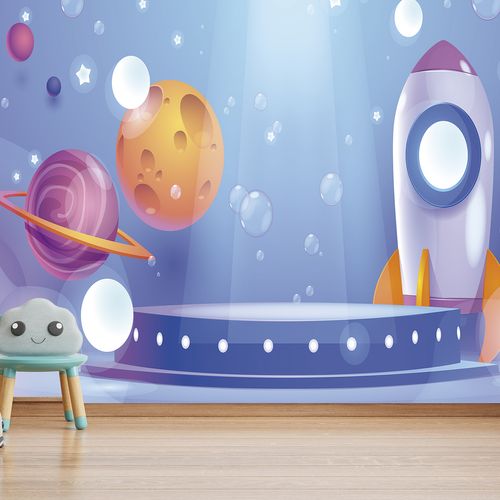 Painel Fotográfico Autoadesivo para Papel de Parede (Sob Medida o Metro Quadrado m²) - Modelo: Teen - Espacial Foguete Planetas Color