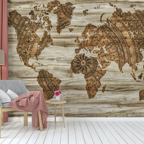 Painel Fotográfico Autoadesivo para Papel de Parede (Sob Medida o Metro Quadrado m²) - Modelo: Mapa - Mundi Bússola Marrom Bege