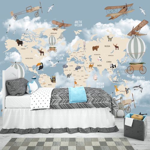 Painel Fotográfico Autoadesivo para Papel de Parede (Sob Medida o Metro Quadrado m²) - Modelo: Mapa - Mundi Infantil Viagem Balão