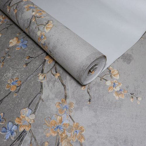 Papel de Parede Vinílico Flores Cinza