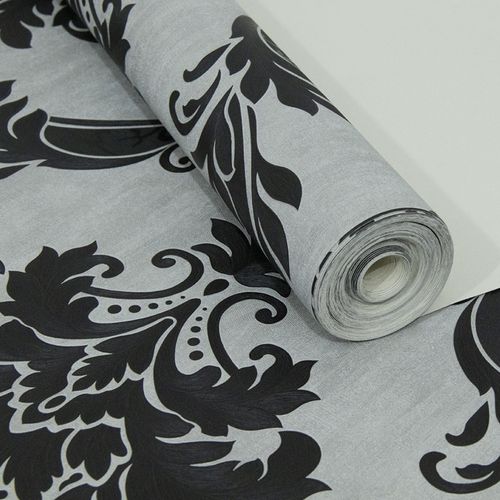 Papel de Parede Arabesco Preto Fundo Cinza - Medidas: 10 metros x 53 cm