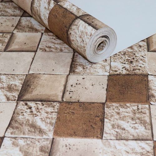 Papel de Parede Pastilha Mosaico Pedras Marrom - Medidas: 10 metros x 53 cm