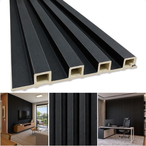 Painel Ripado Decorativo em Barras de WPC de 18 mm Laminado Amadeirado 290 x 15 cm  - Cor: Preto